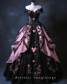 Pink And Black Fantasy Outfit, Black And Pink Goth Wedding, Draculaura Prom Dress, Pink Black Wedding Dress, Gothic Sweet 16 Dresses, Black Pink Wedding Dress, Black And Pink Ball Gown, Emo Quinceanera Dresses, Gothic Black Wedding Dress