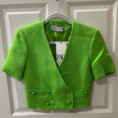 Woman’s Cropped Textured Green Double Breasted Blazar From Zara. Size X-Small. Never Worn, Brand New! (With Tags)! Fitted Zara Green Blazer, Zara Green Summer Outerwear, Fitted Green Zara Blazer, Spring V-neck Blazer With Button Closure, Fitted Green Zara Outerwear, Fitted V-neck Spring Outerwear, Zara Fitted Cropped Blazer, Fitted Cropped Zara Blazer, Green Cropped Fitted Outerwear