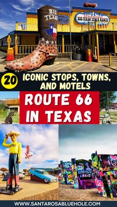 the front cover of route 66 in texas with images of old town and motels