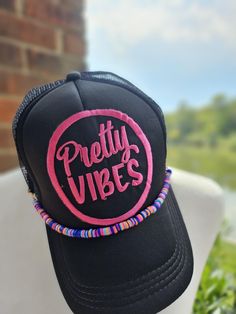 Pretty VIBES with colorful chain all black trucker hat Black Snapback Hat For Summer Festival, Trendy Black Snapback Trucker Hat, Trendy Black Snapback Hat For Beach, Trendy Black Snapback Hat For The Beach, Trendy Black Trucker Hat, Trendy Black Adjustable Baseball Cap, Trendy Black Hat For Music Festival, Black Casual Snapback Hat For Festival, Casual Black Snapback Hat For Festival