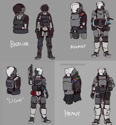 four different views of the same character in space suits, with text below them that reads base line assaut