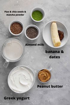 the ingredients to make banana and peanut butter smoothie are shown in bowls on a gray background