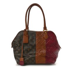 This is an authentic LOUIS VUITTON Monogram Stripes Medium Bag in Bordeaux. This sophisticated tote is finely crafted of traditional Louis Vuitton monogram coated canvas, Louis Vuitton monogram embossed leather in brown, and burgundy. The bag features brown rolled leather trim and top handles with polished brass hardware. The wrap-around zippers open the bag to a multicolor striped fabric interior with a zipper pocket. Luxury Satchel With Leather Handles And Coated Canvas, Designer Satchel With Detachable Handle In Coated Canvas, Designer Signature Coated Canvas Tote Satchel, Designer Brown Satchel In Signature Coated Canvas, Designer Brown Signature Coated Canvas Satchel, Elegant Red Monogram Canvas Bag, Elegant Red Monogram Canvas Shoulder Bag, Authentic Louis Vuitton, Medium Bags