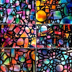 four different stained glass panels with multiple colors and shapes on them, all showing the same pattern