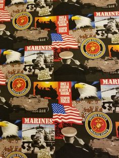 "Celebrate the few and proud with this collage of images representing the Marines. Semper Fi. 100% cotton fabric Fat quarter (18\"×22\") 1/2 yard (18\"×44\") Full yard (36\"×44\")" Marine Pictures, Once A Marine, Patriotic Fabric, Semper Fi, Us Marine Corps, Us Marines, United States Marine Corps, Us Marine, Fabric Yardage