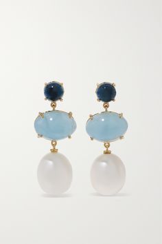 OLE LYNGGAARD COPENHAGEN's graceful earrings are part of the 'Lotus' collection, which highlights the uniqueness of precious stones. Crafted from 18-karat gold, they have London Blue topaz posts and oval-shaped aquamarines floating underneath. The lustrous freshwater pearl drops resemble soft flower petals. Luxury Cabochon Drop Earrings, Luxury Natural Stone Drop Earrings, Luxury Drop Earrings With Natural Stones, Luxury Round Earrings With Natural Stones, Luxury Earrings With Natural Stones, Formal Yellow Gold Earrings With Natural Stones, Beauty Calendar, Gold Lotus, Floral Shoes