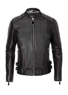 Studded Biker Jacket For Winter Streetwear, Winter Studs Outerwear For Biker Events, Studded Leather Jacket For Winter Streetwear, Winter Biker Jacket With Studs For Streetwear, Studded Fitted Outerwear For Biker Events, Rocker Style Riveted Winter Outerwear, Winter Leather Jacket With Rivets For Streetwear, Biker-style Studded Outerwear For Streetwear, Biker Outerwear With Studs For Streetwear