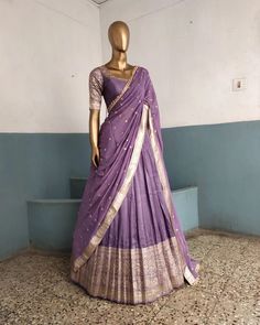 Pure Dola silk lehanga  set   S to xxl..  Dyable more colours available   Prebook  Maggam work extra Indian Silk Outfits, Silk Ghagra Designs, Dola Silk Lehenga, Lavender Colour Half Saree, Lehenga Outfits For Wedding, Lehanga Outfit Ideas, Half Sarees Simple, Sarees Into Dresses Convert, Aesthetic Half Saree