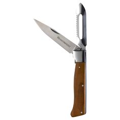 a swiss army knife with a wooden handle and blade on it's side, against a white background