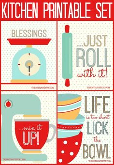 a set of four kitchen printables with the words, free printable and instructions