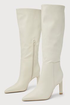 Creating the perfect autumn wardrobe starts with the perfect pair of boots, like the Lulus Olivet Cream Pointed-Toe Knee-High Boots! Smooth faux leather shapes these flirty fall boots that feature a classic pointed-toe upper, seaming at the vamp, and a 14.5"" knee-high shaft (with a 15"" circumference and a 9"" zipper at the instep). A sculpted, stiletto heel lends a eye-catching finish! 4" sculpted stiletto heel. Lightly cushioned insole. Rubber sole has nonskid markings. All Man Made Materials All White Bachelorette, Bachelorette Outfits For Bride, Cream Knee High Boots, Outfits For Bride, Knee High Boots Leather, 2024 Shoes, White Bachelorette, Fall Boots, Bachelorette Outfits