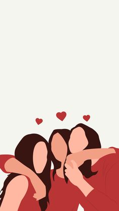 two women hugging each other with hearts above them