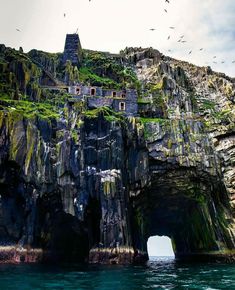 an ocean cave with seagulls flying around it