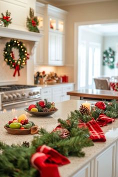 a kitchen with christmas decorations on the counter