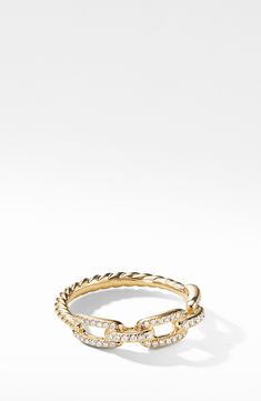 Ring, 4.5mm width. 18-karat yellow gold. Pavé diamonds, 0.15 total carat weight. Imported. Style Name:David Yurman Stax 18K Gold Single Row Pavé Chain Link Ring With Diamonds. Style Number: 5855137. Elegant Yellow Gold Chain Ring For Formal Occasions, Luxury Chain Ring With Diamond Accents For Anniversary, Luxury Diamond Accents Chain Ring For Anniversary, Luxury Diamond Accented Chain Ring For Anniversary, Formal Chain Ring With Diamond Accents, Formal Fine Jewelry Chain Ring With Diamond Accents, Formal Yellow Gold Oval Link Chain Ring, Luxury Chain Ring With Diamond Accents, Luxury Yellow Gold Chain Ring For Anniversary