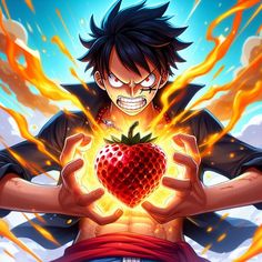 an anime character holding a strawberry in his hands with fire coming out of the chest