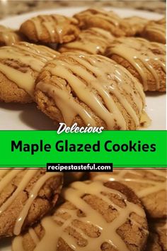 some cookies with icing on them sitting on a white plate and the words delicious maple glazed cookies