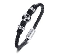 PRICES MAY VARY. Soccer Ball Charm Leather Bracelet- leather bracelet for teens boys, Boyfriend,Classic Wrap bracelet jewelry for him MATERIAL£ºStainless Steel+ Genuine Leather,Handmade and high quality,Sturdy and durable DETAILS: * Style: football Leather Bracelet * Braided leather * soccer ball charm * Size: 8" The Perfect Gifts For Valentines Day, Birthday, Father's Day,Christmas,Wedding,Engagement,Promise,business,Anniversary Day for Men,Dad,Groomsman,Groom,husband,friend,family etc. Suitabl Soccer Bracelet, Leather Bracelets For Men, Football Jewelry, Football Bracelet, Round Locket, Leather Bangle, Genuine Leather Bracelet, Leather Wristbands, Mens Braids