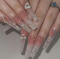 Quinceanera Nails, Airbrush Nails, Ombre Nails Glitter, Gel Acrylic Nails, Long Square Acrylic Nails, Unique Acrylic Nails, Bling Acrylic Nails, Acrylic Nails Coffin Short