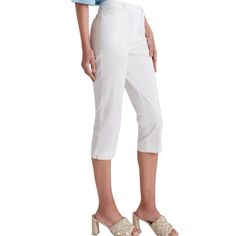 Zipped Up Button Closure Capri Fit Pockets Size 16 Spring Stretch Pants With Button Zip Fly, Mid-rise Capris For Workwear In Spring, Spring Workwear Mid-rise Capris, Spring Trousers With Button Zip Fly, Elegant Spring Bottoms With Button Zip Fly, Spring Workwear Bottoms With Button Zip Fly, Spring Capris With Pockets, White Mid-rise Capris For Summer, Spring Short Length Capris With Pockets