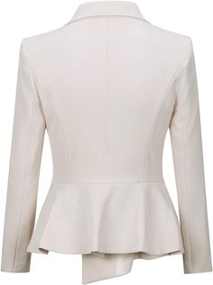 Elevate your professional look with our Business White Asymmetrical Peplum 2pc Business Blazer & Pants Set. This set features an asymmetrical peplum design, adding a unique touch to your business attire. Perfect for any occasion, this set provides a sophisticated and polished look while maintaining comfort and flexibility throughout the day. Material: 98% polyester fiber and 2% spandexWomen's office suit set. Blazer-double breasted, two button closure, notched lapel, long sleeve, irregular hem; Fitted Peplum Blazer For Work, Fitted Asymmetrical Blazer For Parties, Asymmetrical Fitted Blazer For Parties, Fitted Asymmetrical Party Blazer, Asymmetrical Fitted Party Blazer, Fitted Asymmetrical Blazer For Office, Asymmetrical Fitted Blazer For Office, Fitted Asymmetrical Blazer For Work, Fitted Ruffle Blazer For Office