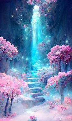 a fantasy scene with stairs leading up to the sky and pink flowers on the ground