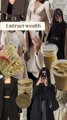 a collage of women with money and drinks