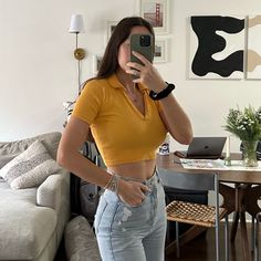 Orange Cropped Collar Shirt, Never Worn Zara Trendy Collared Tops, Summer Stretch Tops With Collared Neckline, Stretch Collared Top For Summer, Casual Yellow Tops With Collared Neckline, Zara Fitted Top With Collar, Zara Fitted Collar Top, Fitted Zara Collared Tops, Cropped Shirt, Collar Shirt