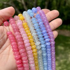 "Planning to knot with Size 8 Griffin silk? These beads are perfect for all knotting and finishing techniques!  These pastel beads were hand picked to make the perfect ombre rainbow! These 8mm smooth gemstone rondelles are made of Quartz that mimics the colors of Amethyst, Rhodochrosite, Rose Quartz, Yellow Sapphire, Blue Sapphire, Chalcedony, and Pink Tourmaline. These beads have an ultrasonically drilled 1mm hole, so they're easy to string, even on stretch bracelets, memory wire, leather and h Gem Candy, Knotted Jewelry, Colorful Gemstones, Pastel Beads, Rainbow Jewelry, Shine Bright Like A Diamond, Hrithik Roshan, Glass Beaded Bracelets, How To Make Necklaces