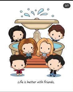 some people are standing in front of a fountain with the words life is better with friends