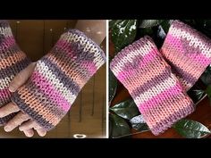 two pictures show the same pair of gloves, one with pink and grey stripes on it