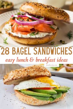 two bagel sandwiches with eggs and vegetables on them