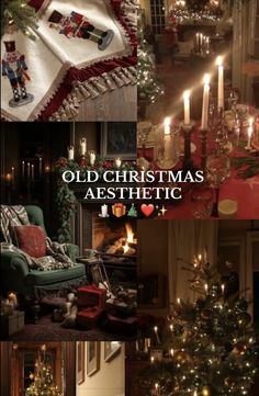 an old christmas aesthetic collage with candles and other holiday decorations in red, white and green