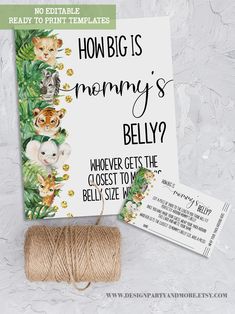 How Big Is Mommy's Belly Baby Shower Game, Safari Baby Shower Game, Tropical Jungle Animals Baby Shower, Ready to Print No Editable Game Template HOW TO PLAY:  Have yarn for guests to cut a piece to the length they think will fit perfectly around the Mom-to-be's belly.   HOW TO ORDER  * Purchase listing * Download files directly from Etsy * Print as many as you need!!  WHAT'S INCLUDED  * PDF size 8.5"x11" with 8 game card designs 3.5"x2" per page with trim marks * PDF size 8.5" x 11" with a 8'x10" Sign Design with trim marks - JPG size 3.5"x2" Game Card - JPG size 5"x7" Sign - JPG size 8"x10" Sign BUNDLE WITH ALL EDITABLE GAMES:  https://www.etsy.com/listing/1495492367 SEE ALL INDIVIDUAL GAMES AVAILABLE: https://www.etsy.com/shop/Designpartyandmore?ref=seller-platform-mcnav&search_query=BG Safari Shower Games, Jungle Gender Reveal Ideas, A Wild One Baby Shower Theme, Baby Jungle Baby Shower Theme, Baby Zoo Animals Baby Shower Ideas, Boho Jungle Baby Shower Ideas, Born To Be Wild Baby Shower Ideas, Baby Shower Ideas Jungle Theme, Boho Safari Baby Shower Ideas