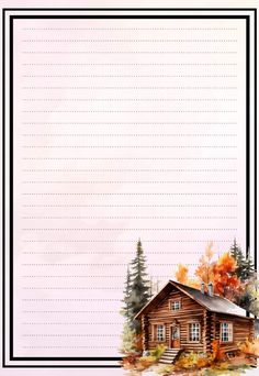 a log cabin in the woods with autumn leaves on it and a blank paper for writing