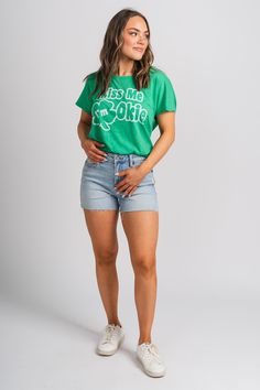 St. Patrick's Day t-shirt from Lush Fashion Lounge women's boutique in Oklahoma City. Lush boutique in OKC has a variety of cute St. Patrick's Day apparel and more! Don't get pinched in this trendy St. Paddy's Day tee! Model is 5'4 size 27 wearing size small. 50% polyester 25% cotton 25% rayon Trendy Green Slogan T-shirt, Trendy Green T-shirt With Slogan, Trendy Green Tops With Text Print, Trendy Green Top With Text Print, Trendy Green Slogan Top, Casual Green Top With Text Print, Green Casual Tops With Funny Print, Cute Green Top With Text Print, Casual Green Tops With Funny Print