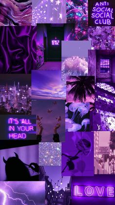 the collage shows many different types of neon lights and buildings in purple, black and white