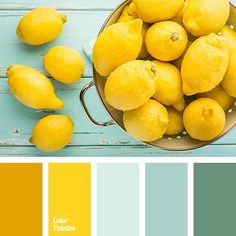 a pan filled with yellow lemons on top of a blue wooden table next to some green