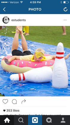 a woman laying on top of an inflatable pool