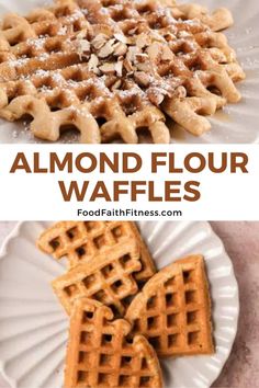 two pictures with the words almond flour waffles on them and an image of some waffles