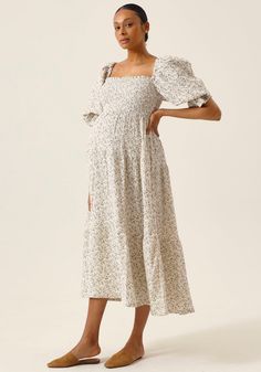 Soft bio-washed muslin dress with puffed sleeves, smocked chest and sleeves, and ruffled hem. Unlined.  * P/XS = US2, International XS* S/M = US2-6, International S-M* M/L = US8-10, International M-L* L/XL = US12-14, International L-XL* 100% cotton (color CREAM and Ichika is 50% cotton, 50% modal)* Length (from shoulde Maternity Dress Casual, Sakura Dress, Casual Maternity Dress, Maternity Dresses For Baby Shower, Muslin Dress, Maternity Gown, Mauve Dress, Maternity Gowns, Pregnancy Stages