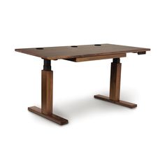 a wooden table with two black legs and an iron base on the top, against a white background