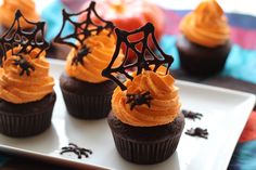 chocolate cupcakes with orange frosting and spooky spider decorations on top