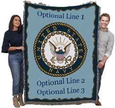 two people standing next to an official line blanket with the seal of the united states on it