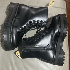 Brand New Never Worn Size 7m/8w Little Dusty Black Closed Toe Martin Boots With Platform, Black High-top Steel Toe Platform Boots, Black High-top Combat Boots With Leather Footbed, Black Steel Toe Lace-up Martin Boots, Black Lace-up Martin Boots With Steel Toe, Black Martin Boots With Lug Sole, Black Combat Boots With Lug Sole And Round Toe, Black Martin Boots With Steel Toe, Black High Ankle Martin Boots With Steel Toe