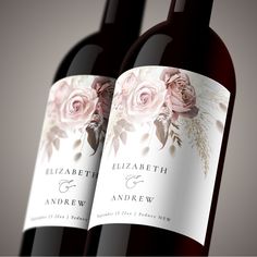 two bottles of wine with pink roses on the front and back labels for each bottle