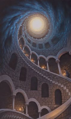 a spiral staircase leading up to the top of a building with light coming from it