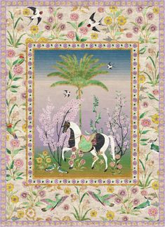 an image of a painting with horses and flowers