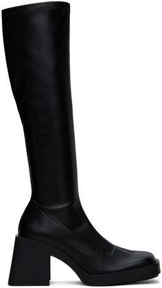 Handcrafted knee-high grained leather boots in black. · Square toe · Zip closure at inner side · Bonded jersey lining · Rubber block heel · Textured rubber sole · Heel: H3.25 Supplier color: Black Justine Clenquet, Chloe Boots, Cute High Heels, Patent Leather Boots, Boot Straps, Faux Leather Boots, Black Boots Tall, Block Heel Shoes, Rounded Toe Boots