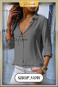 Woman Casual Buttoned Long Sleeve Solid V-neck Blouse Gray V-neck Blouse For Fall, Chic Gray V-neck Top, Casual Blouse With Notched Neckline, Summer V-neck Gray Blouse, Solid Color V-neck Blouse For Office, Chic Gray V-neck Blouse, Gray Summer Workwear Blouse, Casual Gray V-neck Blouse, Gray V-neck Blouse For Workwear